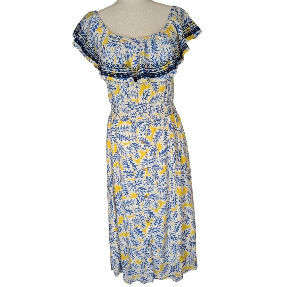 Skies Are Blue Yellow Floral Off The Shoulder Ruffle Midi Dress Size Medium - Picture 4 of 15